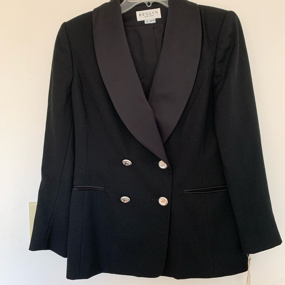 Renlyn Lord & Taylor 12 Petite Dressy Black Satin Collar Blazer NWT